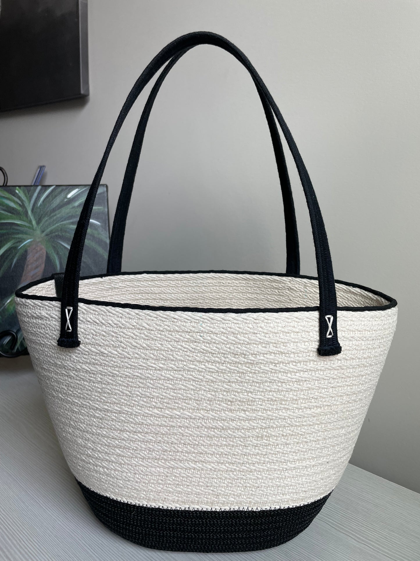 Handmade Cotton Rope Market Tote Black and Netural